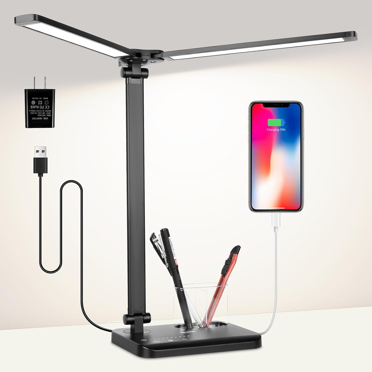 LED Desk Lamp with Dual Heads, 5 Color Modes & 10 Brightness Levels, Adjustable Reading Light for Home Office, Bedroom, Study, Craft (Black, Includes Adapter)